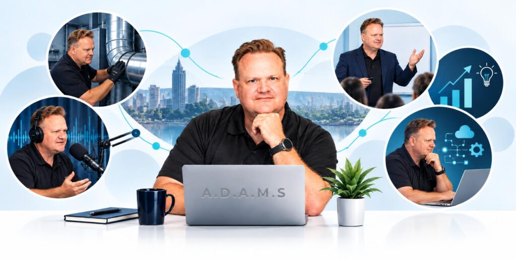 Adam Oldfield at his desk in Hamilton, surrounded by his work in duct cleaning, broadcasting, teaching and automation